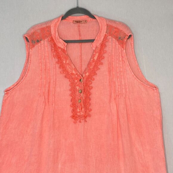 Alessia Pacini Linen Tunic Dress Womens 1X Salmon Pink Lace Pintuck Front Shift - Picture 2 of 10